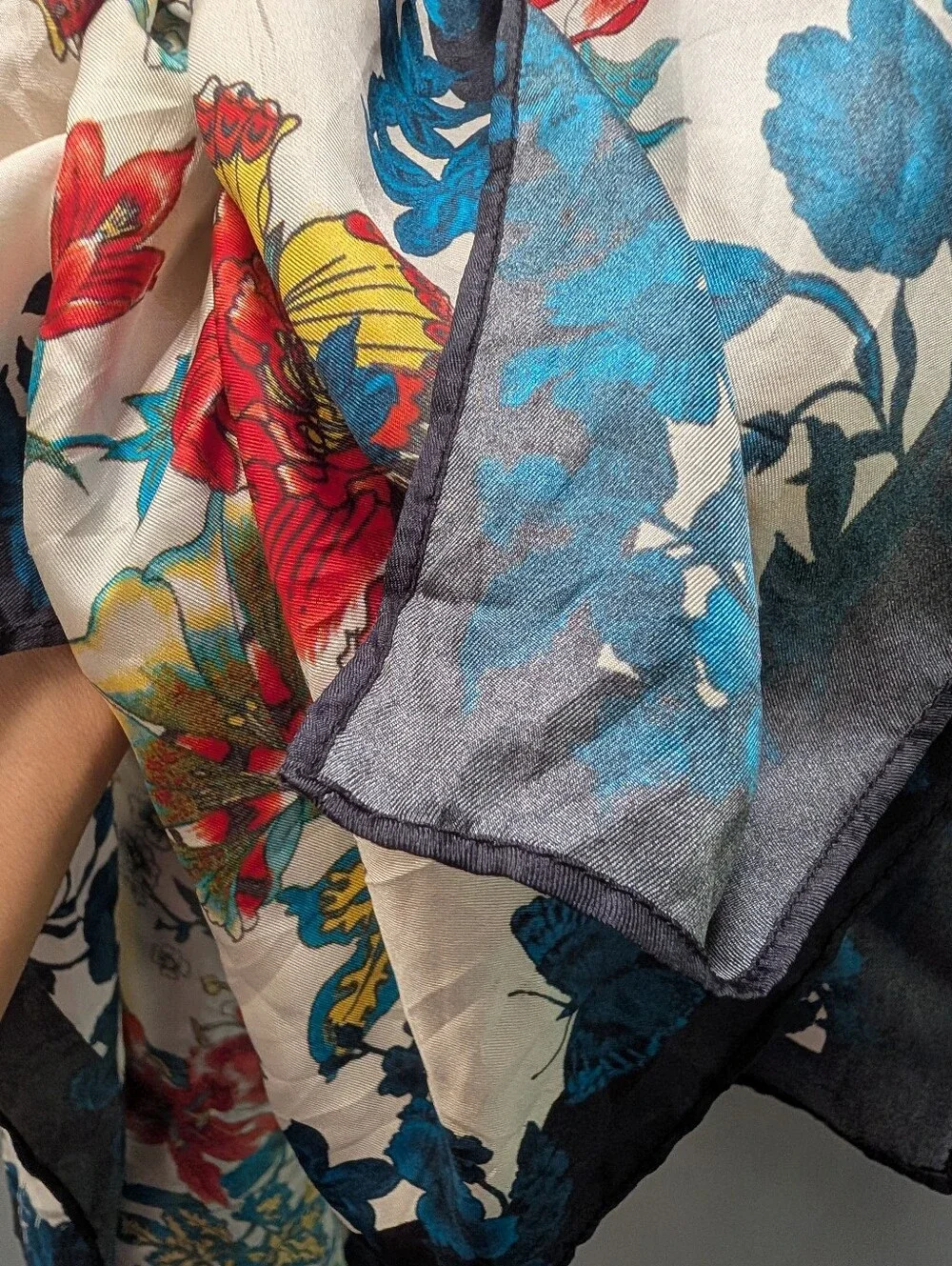 Johnny Was Floral Silk Scarf in Navy, White & Red